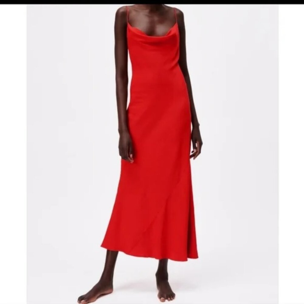 Red Zara Cowl Neck Midi Slip Dress